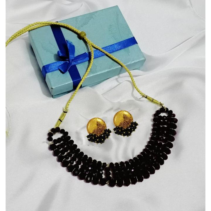 Fancy Jewellery Black Necklace Mala With Black Multi-shape Stud Earrings Set - Best Gift