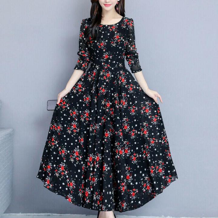 Women Floral Beach Dress Long Sleeve Casual Party Vintage Boho Maxi Dress Daraz.pk