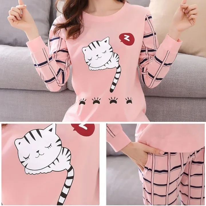 Winter%20Cute%20Cartoon%20Cat%20Print%20Pajama%20Set%20Women%20Two-Pieces%20Long%20Sleeve%20Sleepwear%20Underwear%20Girls%20Pajama%20Sets%20-%20Image%203