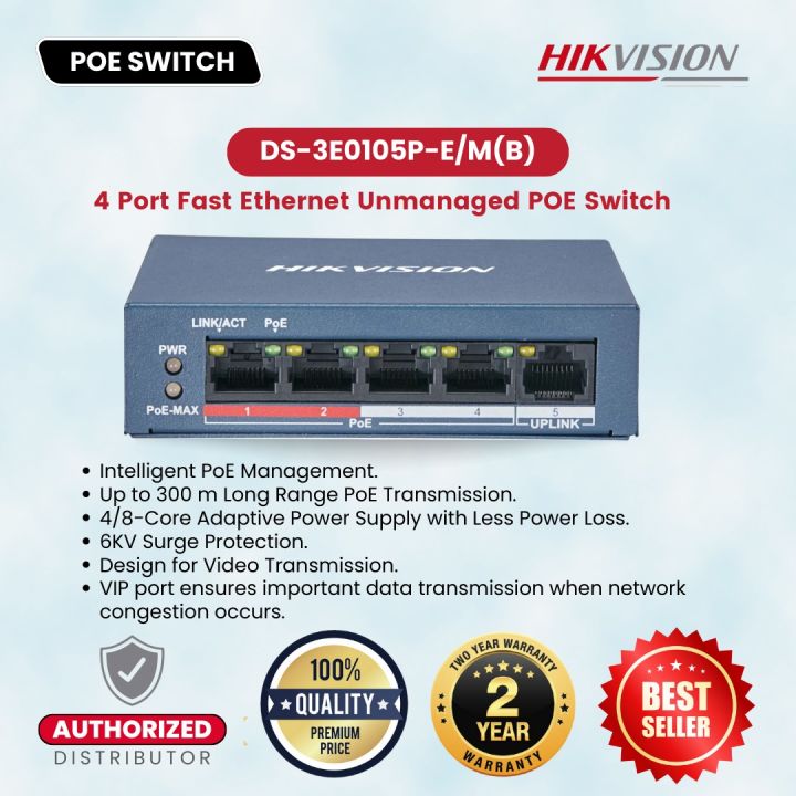 HIKVISION DS-3E0105P-E/M(B) 4 Port Fast Ethernet Unmanaged POE Switch Transmission Network Switches Value Series-Up to 300 m Long Range PoE Transmission Ethernet Switch
