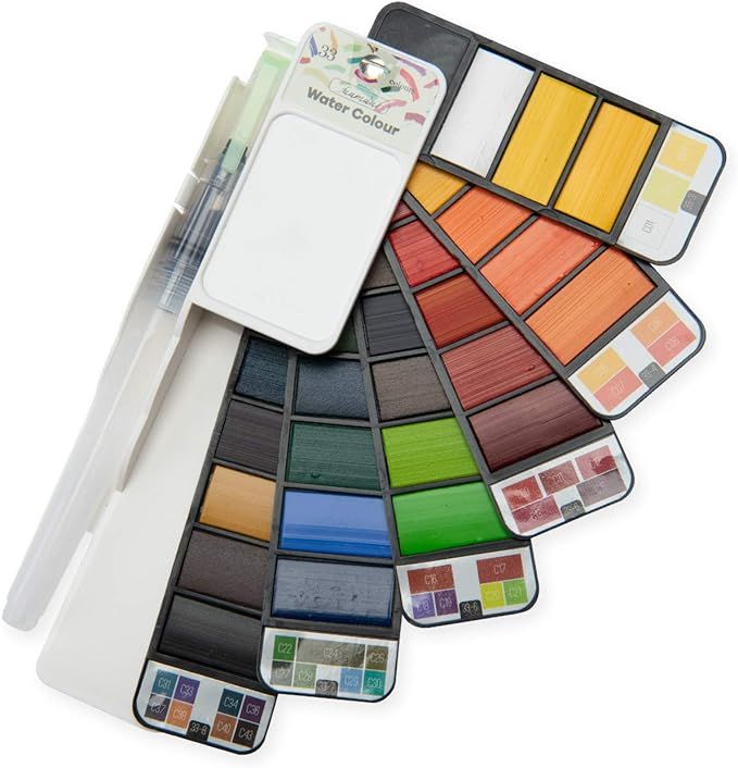 InstaOrder - Pack Of 33 - Solid Water Colors - Pigment Rich Vibrant Colors - Foldable Packing - Detachable Spong With Refilable Water Brush - For Artist Painting And Designing