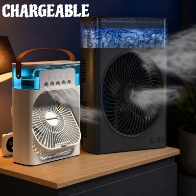 LARGE Rechargeable 4 In 1 Fan Air Cooler with Ice Humidifier & Night Light  Mist Fan Portable Air Conditioner with Ice Tray  Cooling Fan  Water Spray Fan AC 11inches