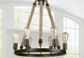 6 – Light Candle Style Wheel Chandelier with Rope Accent. 