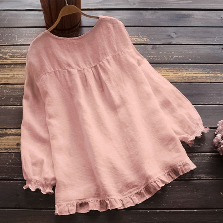 Women%20Simple%20Fashion%20Long-sleeve%20Shirts%20With%20Ruffle%20Pullover%20Round%20Neck%20Solid%20Color%20Loose%20Casual%20Bottoming%20Shirt%20Blouse%20Jacket%20-%20Image%204