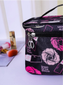 Women Makeup Bag Flower & Lipstick Print Zipper Cosmetic Organizer. 