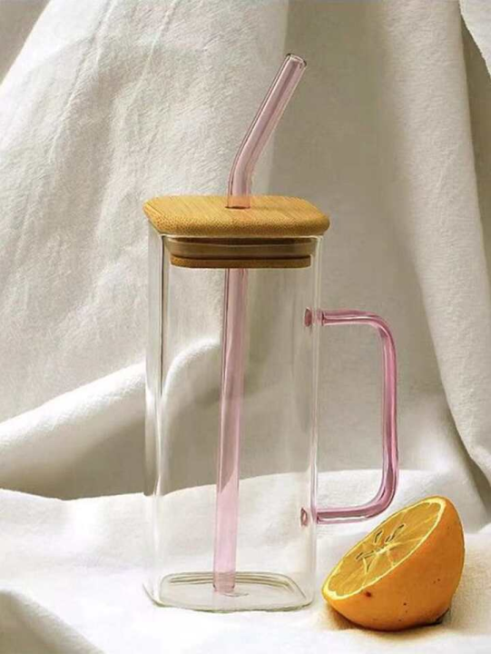 Square Glass Cup Water Bottle Glass Straw, Dustproof Bamboo Cover Handle