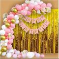 Happy birthday Theme( Pink, White & Gold)-Including Pink Happy Birthday cards, 30 latex Balloons, 3 Confetti Balloons With Silver Back Curtain, Best Set For Birthday Party. 