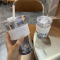Arctic straw light glass simple with lid, double drink milk tea water cup, internet famous casual coffee cup. 