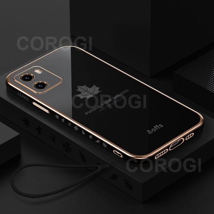 For Vivo Y15C Y15s Y01 Back Cover + Hand Strap Fashion Shiny 6D Plating Maple Leaves Protective Case Square Bumper Soft Silicone Mobile Phone Cases