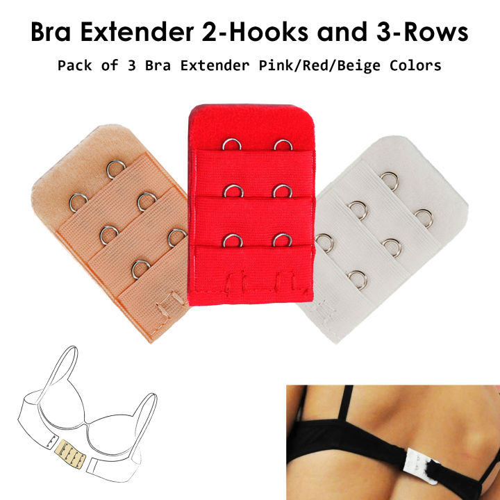 Pack of 3 Extension Hooks in Red, Skin and Pink 2-Hooks Bra Extenders 3-Rows Increase 0.5 to 2 inches to Bra Band Size of your Bras Hook Extender for Women Bras Extension Accessories