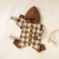 Newborn Hooded Knit Jumpsuit, Toddler Casual Plaid Pattern Long Sleeve Button Romper. 