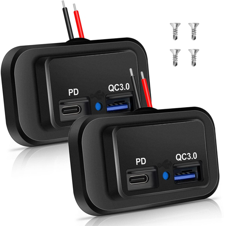 2PCS 12V/24V RV USB Outlet, Dual PD3.0 Type-C (USB C) & Quick Charge QC3.0 USB-A Port Panel Mount Car USB Socket Charger Easy Install
