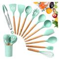 Kitchen Utensil Set 10 PCS Cooking Utensils With Plastic Utensil Holder, Non-stick Silicone and Heat Resistant Wooden Utensils. 