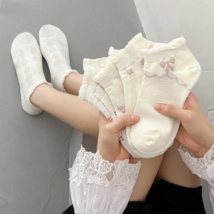 5 Pairs/Set White Frilly Ruffle Bow Tie Print Socks Cute Lolita Style Soft Breathable Cotton Sock