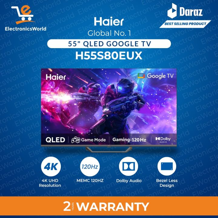 Haier LED | 55" QLED Google TV | 4K UHD | Model H55S80EUX- Google TV-2GB RAM & 32GB ROM-  Voice Control-2 Years Official Warranty (NEW MODEL)
