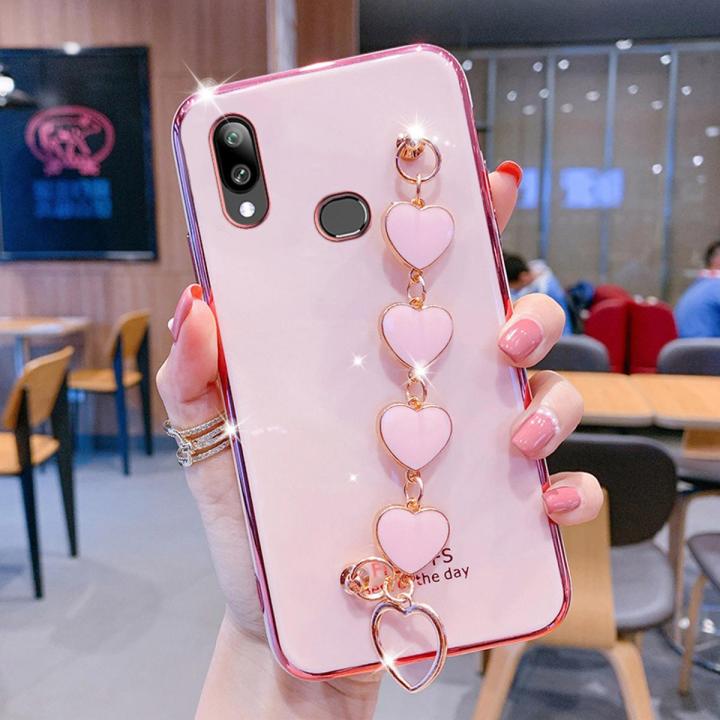 For Samsung Galaxy A10s Phone Cover + 3D Love Heart Wristband Fashion Ultra Thin Shiny Plating Bumper Soft TPU Silicone Shockproof Protective Case Back Cover