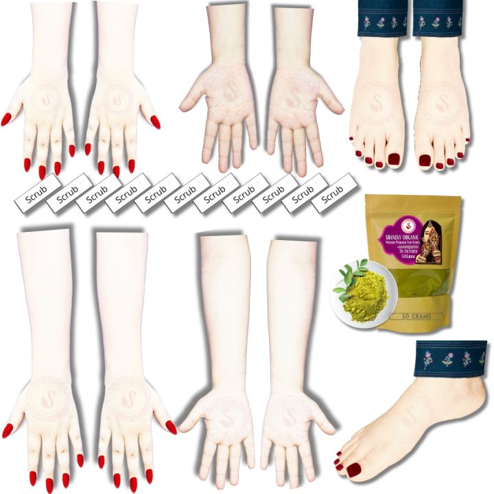 High Quality Reusable Mehndi Practice Foot  and Hands For Henna Practice - 4 Bridal Hands, 4 short hands and 3 Foot  With Free Scrubs