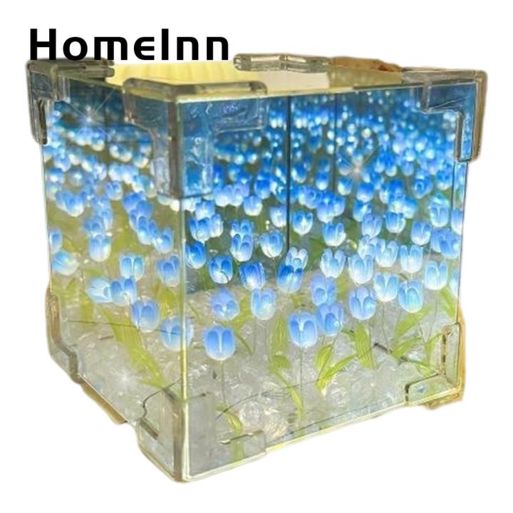 Square Tulip Night Light Handmade Diy Tulip Night Light Mirror Lamp Battery Powered Flower Table Ornament Easy Installation Buyer's Choice Tulip Infinity Mirror Lamp