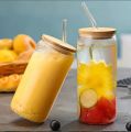Drinking Glasses Round Shaped Glass Cups with Bamboo Lids and Glass Straws for Beer Iced Coffee Wine Cocktail,Glass with glass straw and wooden lid, coffee glass, milk glass, juice glass -Imported high quality - cups for tea - tea cup - coffee mug. 