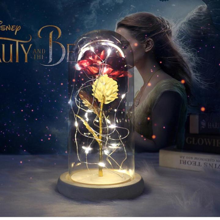 Rose In Flask Beauty And The Beast Gold-plated Red Rose With LED Light In Glass Dome For Wedding Party Mother's Day Gift