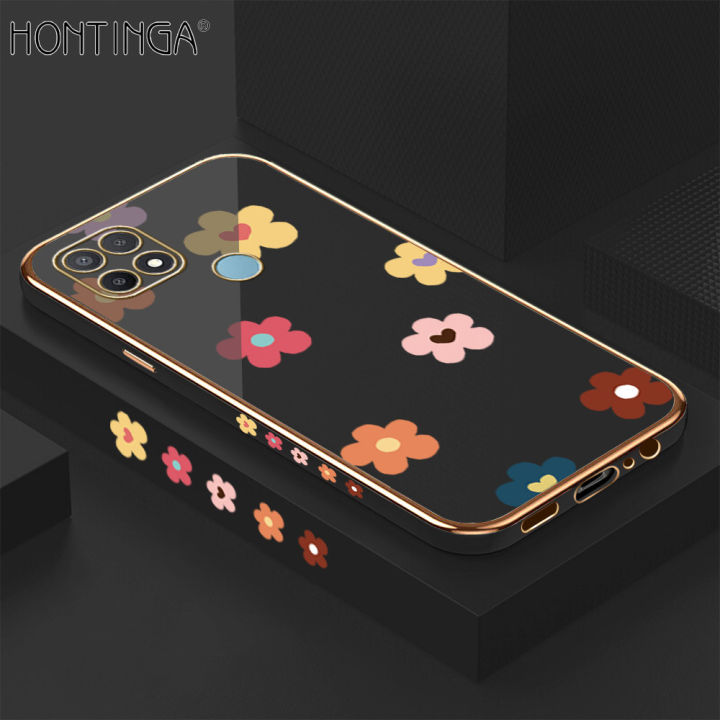 Hontinga for OPPO A15 A15S Back Cover（Free Lanyard）Luxury 6D Plating Falling Flower Side Pattern Case Soft Silicone Square Mobile Cover