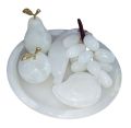 Marble Fruit Tray Set, Hand Crafted Decorative Onyx Round and Leaf Shape Tray with Marble fruits Grape Apple Banana and Pear. 