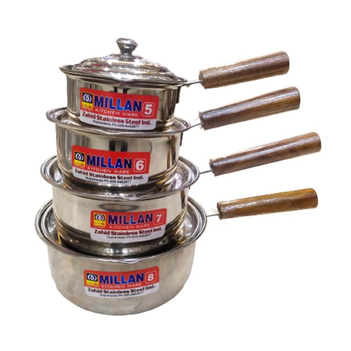 Stainless Steel Sauce Pan/ Saucepan with Lid For Tea/Milk Boiling Water Wood Handle Size No.5, 6, 7, 8 & 9