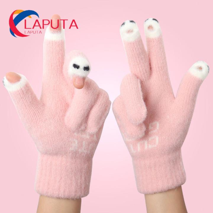 Riding Safety Gloves Cartoon Face Knitted Warm Touch Screen Gloves for Cycling Anti-slip Soft Elastic Warm Plush Gloves