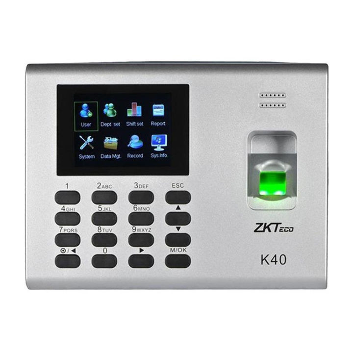 ZKteco k40 Zkteco Fingerprint Time Attendance Access Control Terminal, Fingerprint Capacity 1000 (2000 without SSR ), Built-in battery, Display 2.8-inch TFT Screen, Power Supply DC 12V 1.5A