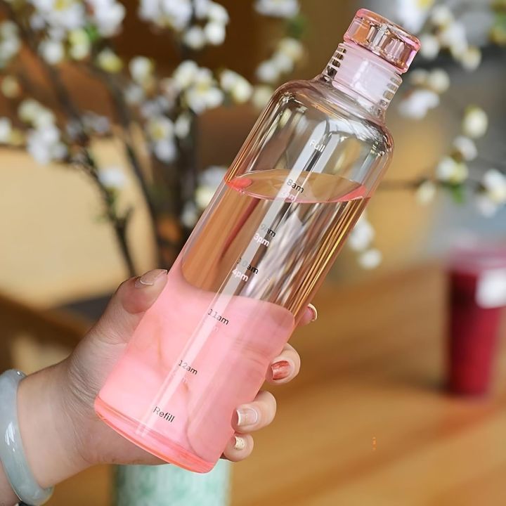 Glass Water Bottle for Adults, Student Direct Drinking Freezer Safe, Leak Proof, Gym Travel On-The-Go Hotel-Style Design Borosilicate Glass Water Bottle With Time Marker - Random Color