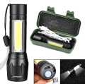 Mini Rechargeable LED Flashlight Torch COB+XPE Portable Torch Zoomable Focus Light Tactical Flashlight with Pen Clip and Box. 
