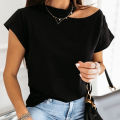 Women T-shirt Short Sleeve One Shoulder Mock Neck Halter Blouse Top. 