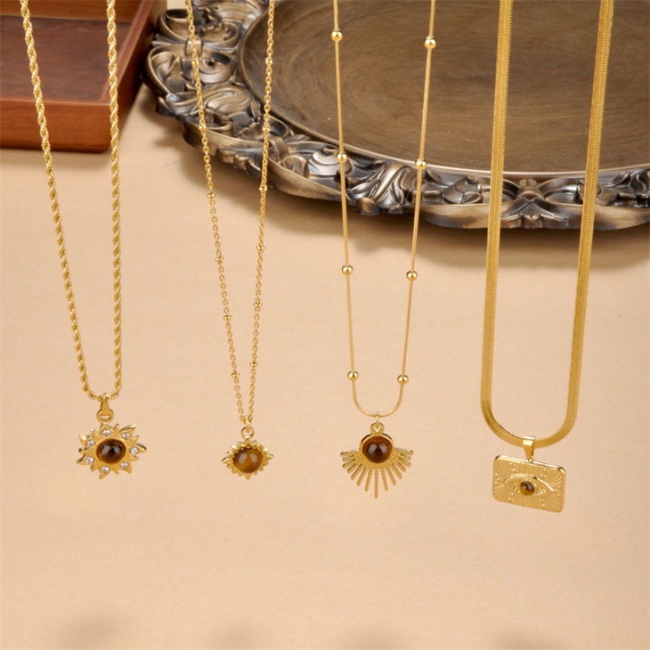 Wholesale Trendy Tiger Eye Stone Pendant Necklace Gold Plated Stainless Steel Brown Flower Necklace For Women Daily