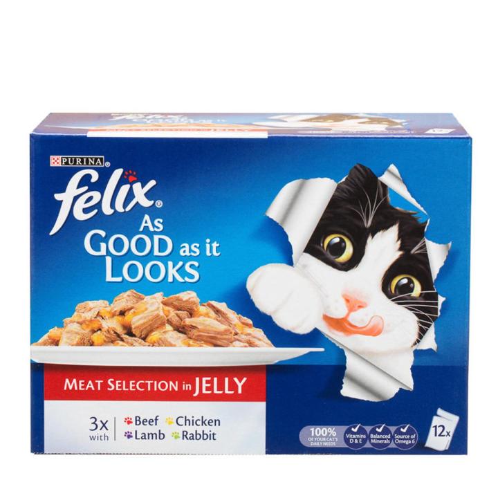 Pack Of 12 : Felix Cat Food Meat Selection In Jelly 3 X Chicken, Beef, Lamb And Rabbit Flavours - 100 gm each