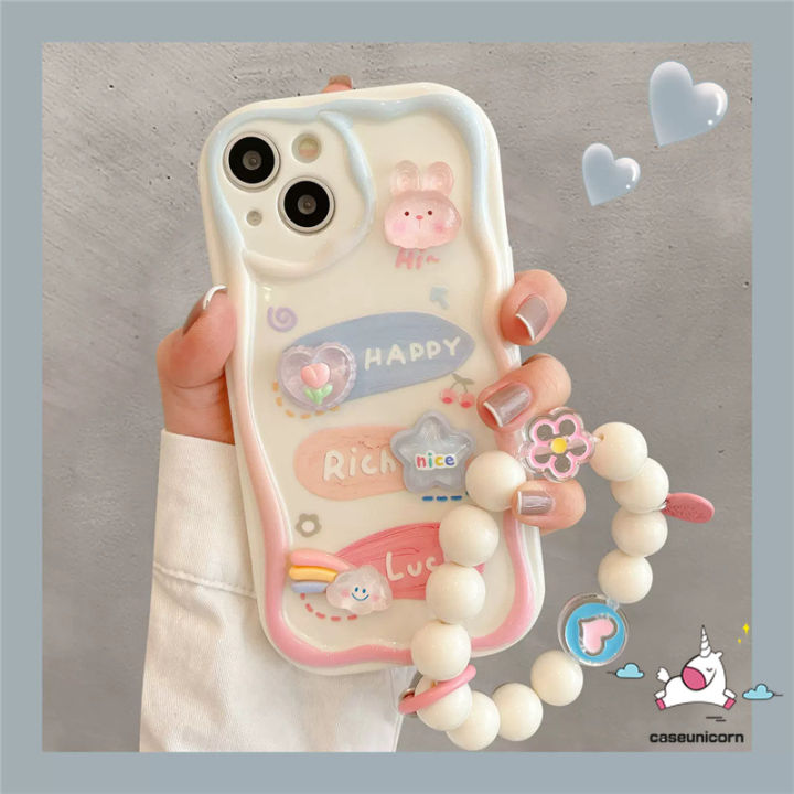 Cute Little Bear Doodle rainbow Pink Blue Gradient Cover Compatible For Redmi 12 A1 9A 9T 12C 10 10C 9 10A A2 9C NFC Note 12 10 10s 8 9 11 11s Pro Max Poco M3 Mi 11 12 Lite 3D Wavy Curved Edge Case With Beaded Bracelet