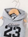 Boys' Summer Hooded Fashion Simple Popular Chicago 23 Print Shorts Set, for Outdoor, Sleeveless, Casual Summer Outfit, Lightweight Polyester Blend, Easy Care. 