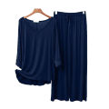 Navy Blue V-Neck Night Suit - Palazzo Style Pajama for Women. 