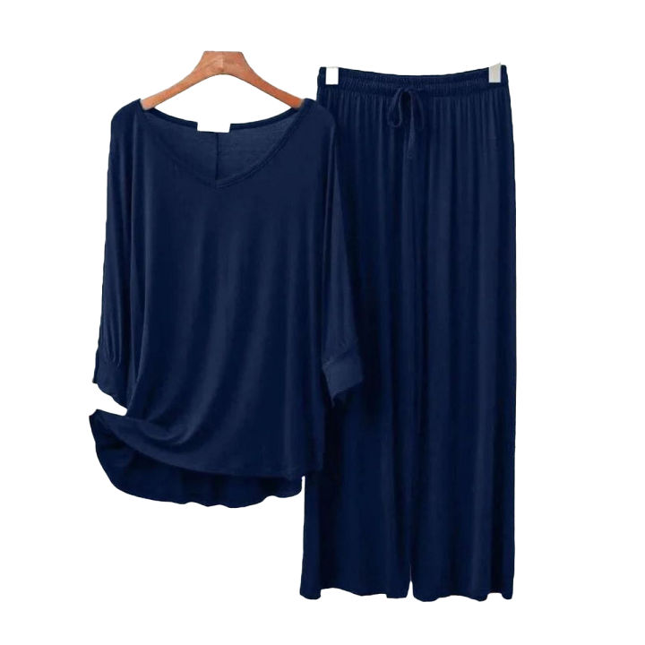 Navy Blue V-Neck Night Suit - Palazzo Style Pajama for Women