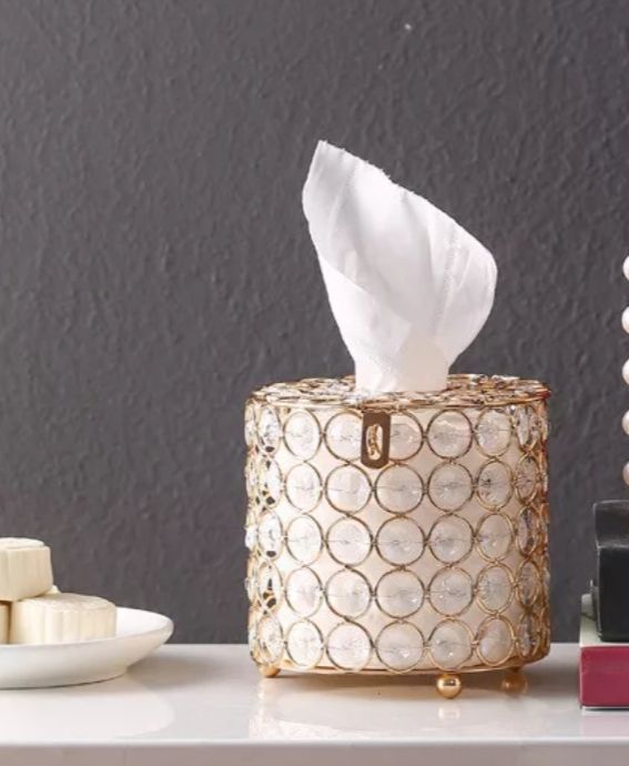 The Drawing Room-High Quality Round Beaded Metal Tissue Box Paper Acrylic Tissue Box
