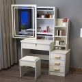 Simple Brown Modern Dressing Table Set with Mirror, Drawer Lock, and Tufted Stool - Wooden Beauty for a Stylish Home. 