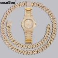 Hip Hop Men Cuban Link Chain Bracelet With Wrist Watches Bling Iced Out Chain Full Rhinestone Paved Crystal Bracelets Jewellery. 