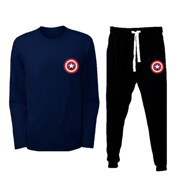 Captain America Printed Navy T shirt And Trouser New Design Track Suit Full sleeves T shirts Jogging Trousers Best Quality Top Tees For Men