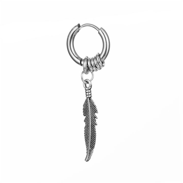 1 Piece Vintage Men Stainless Steel Feather Earring Punk Leaf Hoop Earrings Jewelry