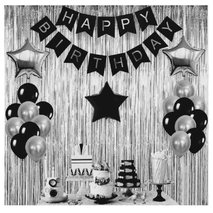 Graceful Theme of Happy Birthday Card Banner Birthday Decoration Set with '3' Foil Star Balloons '1'Shinny Fringe Curtain & Set of '20'PCs Latex Balloons For Decoration of Your Birthday Party Event-Beautiful Birthday Accessories
