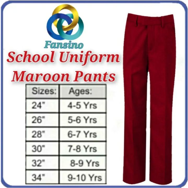Maroon School Uniform Pant | Half Elastic Pants | Size 24-34