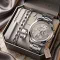 Black Casual Watches + Bracelet + Cuban Chain Bracelet +3D Bar Locket With Chain+Ring -High Quality In Random Dial Design With Stainless Steel Strap + Bracelet Chain + Necklace + Ring. 