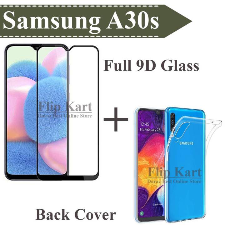 Samsung Galaxy A30s Glass Protector 9D5D6D10D11D21D Black Tempered Glass Screen Protector Full Glue Edge To Edge + Back Cover Transparent Soft Silicone Crystal Clear Case Cover For Samsung Galaxy A30s