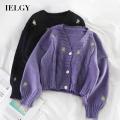 IELGY Short Embroidered V-Neck Knit Cardigan Women's Loose Outer Wear. 