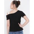 Cotton Full sleeves Black one open shoulder with satin strip t shirt for girls. 
