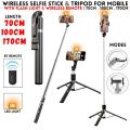 4 in 1 Wireless Selfie Stick & Tripod With Light - 100cm / 170cm With & Without Light - Tripod, Selfie Stick, Selfie Light, Bluetooth Shutter - Foldable & Portable For All Mobile Phones With Detachable Charging Cable - Black. 